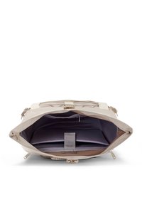 Beige színű vászontáska széles nyílással, sima külső felülettel, több belső rekesszel és világoslila béléssel. Cipzárral záródik.