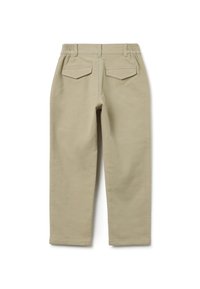 Beige katoenen broek met een elastische tailleband, twee achterzakken, een rechte pasvorm en een gestructureerde stof.