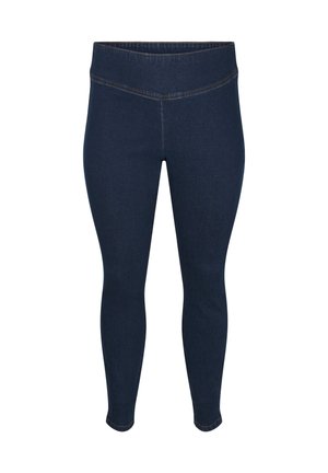 Dunkelblaue, dehnbare Leggings mit einem hohen Bund, die eine glatte Textur und dezente Nähedetails entlang der Nähte aufweisen.