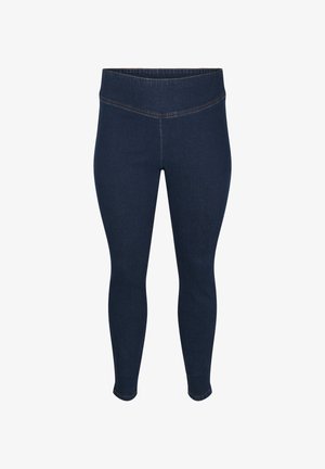 Dunkelblaue, dehnbare Leggings mit einem hohen Bund, die eine glatte Textur und dezente Nähedetails entlang der Nähte aufweisen.