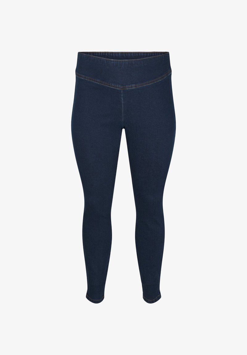 Leggings elasticizzati blu scuro con vita alta, caratterizzati da una texture liscia e dettagli di cucitura delicati lungo le cuciture.
