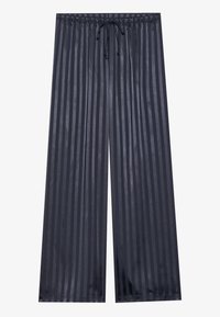 Pantaloni larghi blu scuro con strisce verticali di raso, vita elastica e coulisse regolabile. Tessuto morbido con una vestibilità rilassata.