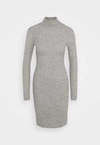 Abito grigio a maniche lunghe con collo alto, realizzato in tessuto testurizzato, design aderente, lunghezza al ginocchio, caratterizzato da un'estetica semplice e senza cuciture.