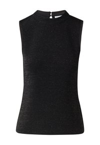 Czarny top bez rękawów z wysokim kołnierzem, wykonany z teksturowanej tkaniny z subtelnymi metalicznymi drobinkami, z zamkiem błyskawicznym z tyłu.