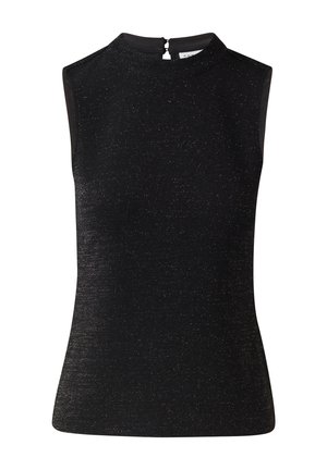 Czarny top bez rękawów z wysokim kołnierzem, wykonany z teksturowanej tkaniny z subtelnymi metalicznymi drobinkami, z zamkiem błyskawicznym z tyłu.