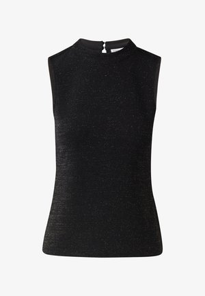 Czarny top bez rękawów z wysokim kołnierzem, wykonany z teksturowanej tkaniny z subtelnymi metalicznymi drobinkami, z zamkiem błyskawicznym z tyłu.