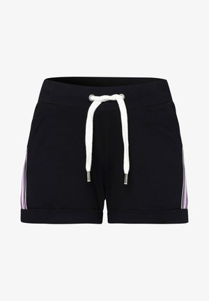 Schwarze Sportshorts mit einem weißen Kordelzug, ausgestattet mit lila und rosa Seitenstreifen und einem umgeschlagenen Saum am unteren Ende.