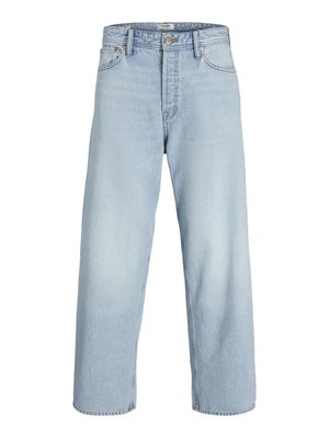 Light blue denim jeans with a high waist, wide leg, and a straight cut. Features classic button closure and five pocket design.