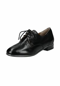 Scarpe in pelle nera con lacci, dalla finitura liscia, punta rotonda e tacco basso. Presentano semplici dettagli cuciti e una fodera in pelle.