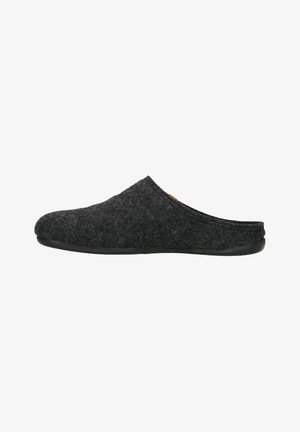 Grijze vilten pantoffel met een gladde zwarte zool, voorzien van een ronde vorm en zonder hak, ontworpen voor eenvoudig in- en uittrekken.