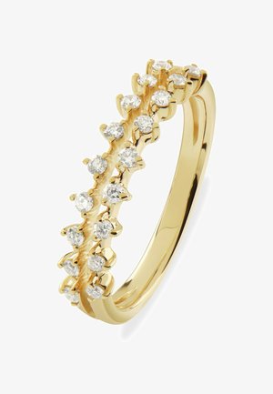 Goldener Ring mit runden, klaren Steinen in Krappenfassung und einem glatten, polierten Band. Funkelnde Akzente bilden ein Muster entlang des Randes.