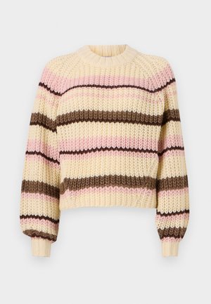 Knit sweater with a round neckline, featuring horizontal stripes in cream, pink, and brown. Dropped shoulders and ribbed cuffs. Textured finish.