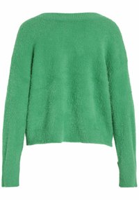 Pull vert duveteux à manches longues avec un large col rond et un ourlet légèrement raccourci, vu de dos.