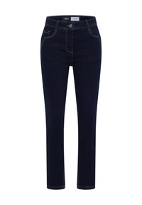 Tmavě modré džíny z denimu se zapínáním na knoflík a zip, přední a mincovní kapsy, rovný střih nohavic a kontrastní šití.