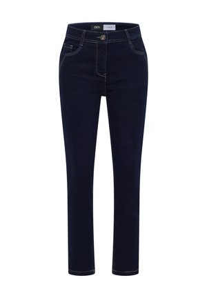 Tmavě modré džíny z denimu se zapínáním na knoflík a zip, přední a mincovní kapsy, rovný střih nohavic a kontrastní šití.