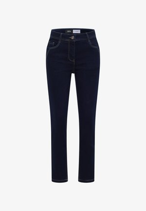 Dunkelblaue Denim-Jeans mit Knopf- und Reißverschluss, Vorder- und Münztaschen, geradem Bein und Kontrastnähten.