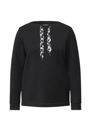 Czarny sweatshirt z długimi rękawami, z okrągłym dekoltem i geometrycznymi sznurkami. Gładka tekstura i standardowy krój.