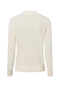 Cremefarbenes Strickpullover mit langen Ärmeln, Rundhalsausschnitt, gerippten Bündchen und einem gerippten Saum mit strukturiertem Finish.