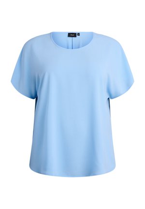 Lichtblauw kortärmelig shirt gemaakt van zachte, gestructureerde stof. Heeft een ronde hals en een losse pasvorm. Eenvoudig ontwerp zonder versieringen.