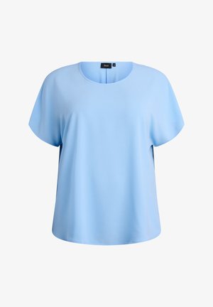 Hellblaues kurzärmliges Oberteil aus weichem, strukturiertem Stoff. Mit rundem Ausschnitt und lockerer Passform. Einfaches Design ohne Verzierungen.