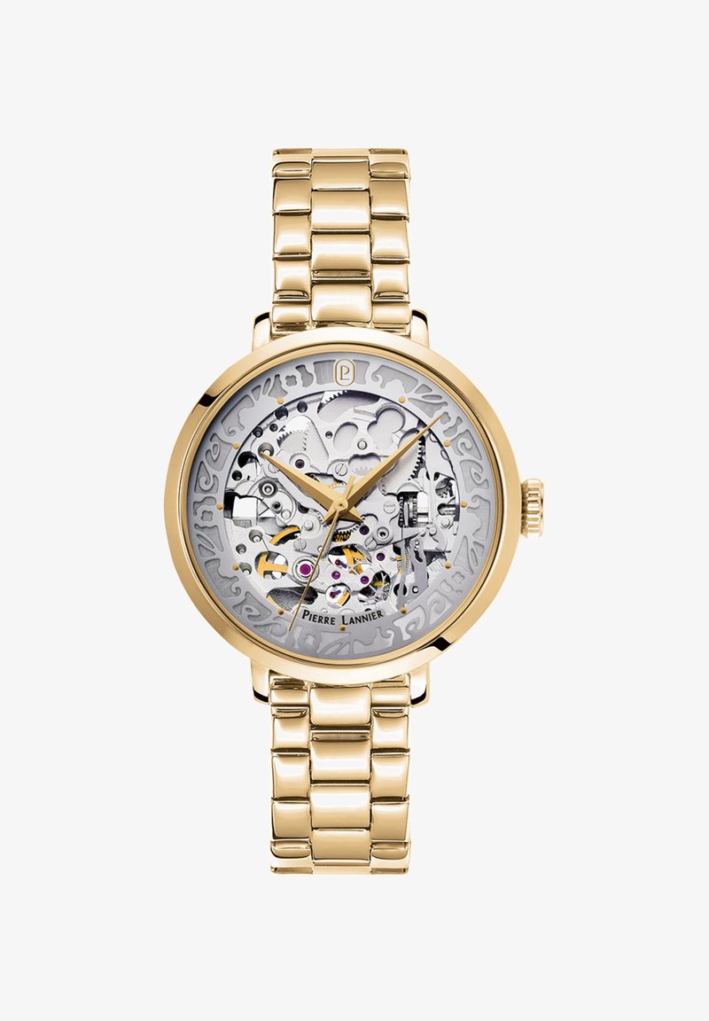 Orologio scheletrico con bracciale in acciaio inossidabile color oro. Presenta un quadrante trasparente argento che rivela meccanismi intricati e un design ornato.