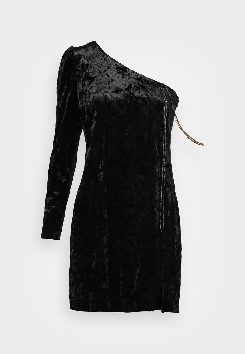 Robe noire en velours écrasé à une épaule avec une manche longue, un détail de fermeture éclair et une petite fente à l'avant.