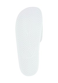 Semelle en caoutchouc blanche avec un motif de rainure en zigzag et une texture lisse. Présente un logo en relief au centre. Conçue pour l'adhérence et la durabilité.