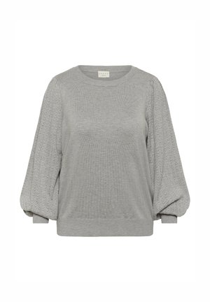 Jasnoszary sweter z balonowymi rękawami, z teksturowanym splotem i prążkowanym dołem. Okrągły dekolt i miękki materiał.