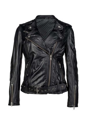 Schwarze Lederbikerjacke mit einem Gürtel in der Taille, asymmetrischem Reißverschluss und Druckknöpfen. Das Innenfutter hat ein gemustertes Design.