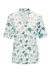 Blusa floreale con sfondo bianco e fiori blu e verdi, maniche corte e scollatura a V. Tessuto leggero con una texture morbida.