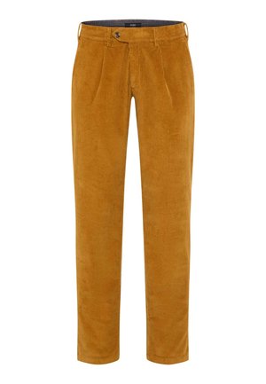 Pantaloni in corda giallo senape, con parte anteriore piatta, due pieghe e vita standard con chiusura a bottone. Tessuto testurizzato.