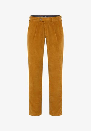 Rippbundhosen in Senfgelb, mit flachem Bund, zwei Falten und normaler Leibhöhe mit Knopfverschluss. Strukturierter Stoff.