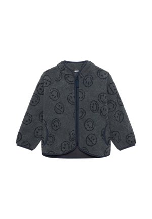 Dunkelgraue Fleecejacke mit durchgehendem Frontreißverschluss, langen Ärmeln und einem Allover-Smiley-Muster. Keine sichtbare Marke oder Modell.