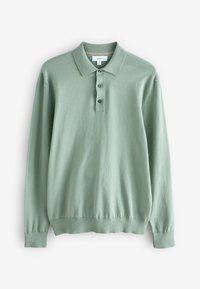 Grünes langärmeliges Poloshirt aus weichem Stoff. Verfügt über einen klassischen Kragen und eine Drei-Knopf-Leiste, mit gerippten Bündchen und Saum.