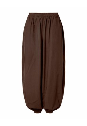 Brūnas, vieglas, plašu kāju bikses ar elastīgu jostu un ribotām apmalēm potītēs, ar gludu, matētu tekstūru.