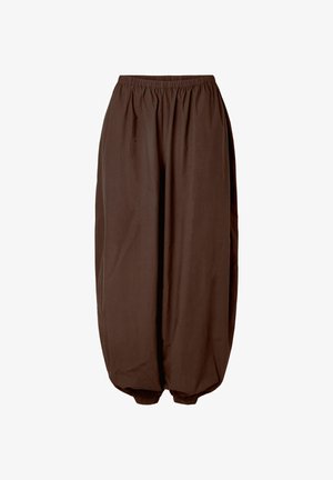 Brūnas, vieglas, plašu kāju bikses ar elastīgu jostu un ribotām apmalēm potītēs, ar gludu, matētu tekstūru.