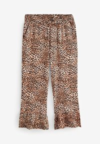 Pantalones de pijama con estampado de leopardo en color marrón, con manchas negras. Cintura elástica con cordón. Dobladillo acampanado con detalle de volantes en la parte inferior.