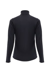 Schwarzer Pullover mit langen Ärmeln und Rollkragen aus weichem Stoff. Hat ein figurschmeichelndes Design und einen gerippten Kragen, ohne sichtbare Marken oder Muster.