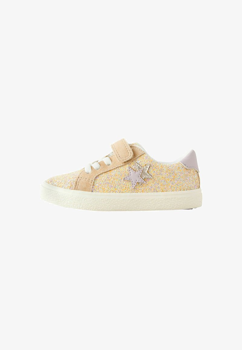 Glittery beige sneaker with a velcro strap and white laces. Features a light purple star accent and a textured white sole.