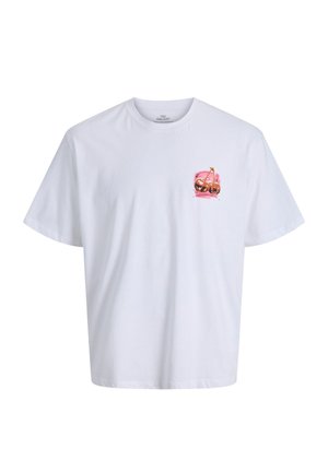 Weißes T-Shirt mit kurzen Ärmeln und einer kleinen Grafik von zwei Kirschen auf einem rosa Farbklecks auf der linken Brustseite.