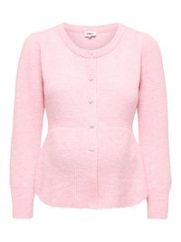 Soft pink long-sleeve knit cardigan with round neckline and five decorative pearl-like buttons down the front.