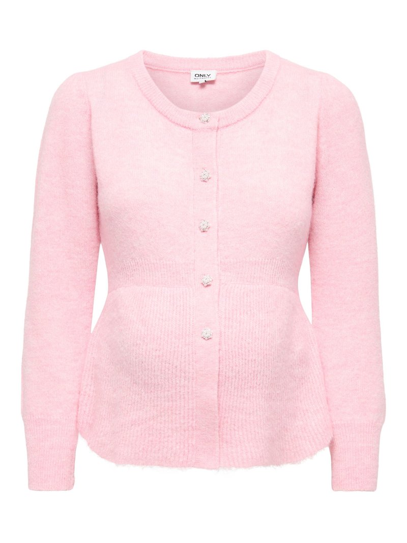 Soft pink long-sleeve knit cardigan with round neckline and five decorative pearl-like buttons down the front.
