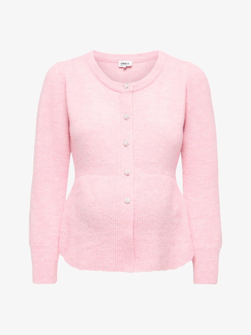 Soft pink long-sleeve knit cardigan with round neckline and five decorative pearl-like buttons down the front.