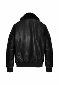 Veste bomber en cuir noir avec un col en fourrure, des poignets et un ourlet côtelés, présentant une texture lisse et un discret détail de couture triangulaire.