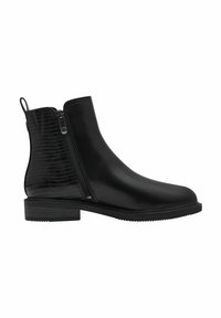 Black ankle boots with a smooth finish and crocodile-patterned accents. Side zippers and a low block heel. Rubber sole with ridged texture.