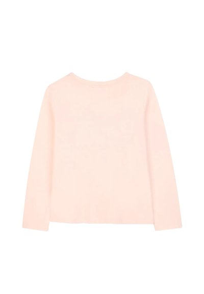 Długi rękaw top w miękkim różowym materiale, z okrągłym dekoltem i prostą, gładką teksturą bez wzorów czy ozdób.