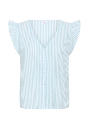 Jasnoniebieska bluzka w białe paski z głębokim dekoltem w kształcie litery V, krótkimi falbankowymi rękawami i zapięciem na guziki z przodu, wykonana z oddychającego materiału.