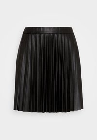 Gonna nera plissettata in pelle sintetica. Presenta un alto punto vita e pieghe nette e uniformi con una texture liscia e lucida.