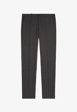 Pantalones grises ajustados con una textura sutil, corte recto, presillas para el cinturón y bolsillos laterales, fabricados en una tela ligera.