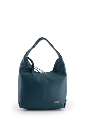 Teal leren schoudertas met een slouchy vorm, een ritssluiting aan de bovenkant en een metallic merkaccent aan de voorkant. Textuur oppervlak.